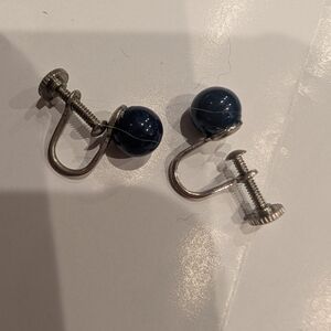 Classic Silver Screwback Earrings with Navy Blue Beads